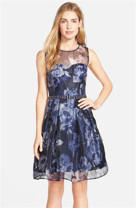 Eliza J Embellished Print Illusion Yoke Organza Fit And Flare Dress