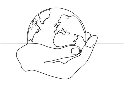 Continuous Line Drawing Of Human Hand Holding World Planet Earth Stock