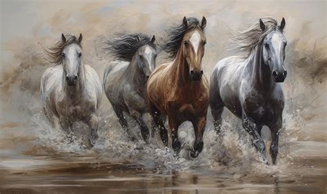 Premium Photo | A painting of horses running through water with the ...