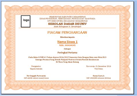 Aplikasi Piagam Juara Kelas Format Excel Tasadmin