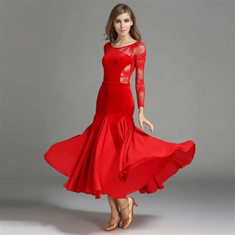 Ballroom Compettion Dance Dress Elegant Long Sleeve Lace Stage Waltz