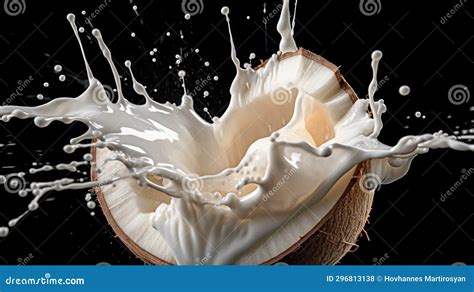 Coconut With Milk Splash Isolated On Black Background With A Copy Space