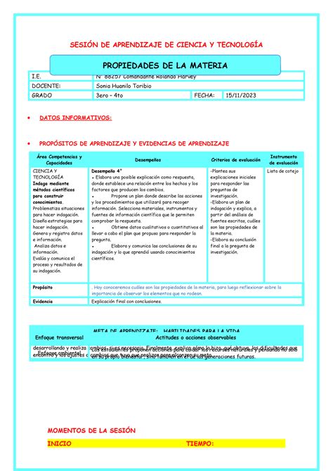 Sesi N Cyt De Noviembre Propiedades De La Materia Sesi N De