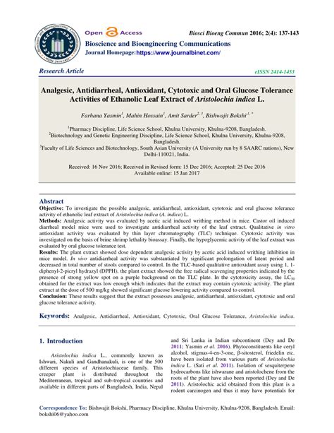 PDF Analgesic Antidiarrheal Antioxidant Cytotoxic And Oral Glucose