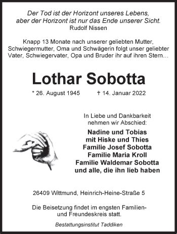 Traueranzeigen Von Lothar Sobotta Nordwest Trauer De