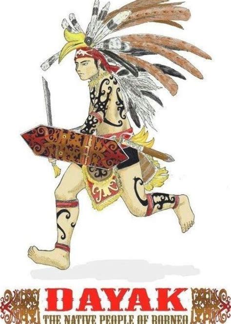 A Dayak Man Dancing Mandau And Shield Borneo Kalimantan Vector