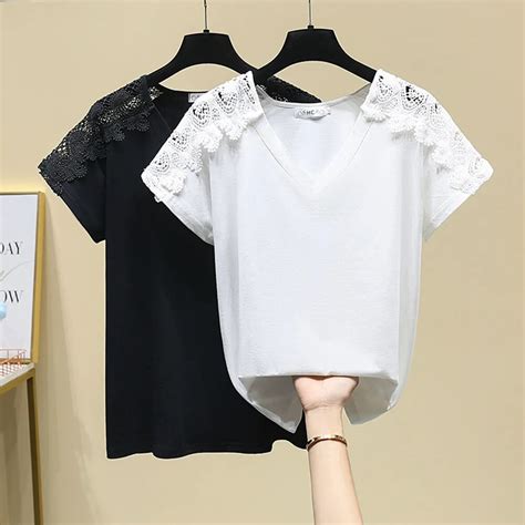 Summer Cotton Fashion Mesh Lace Patchwork V Neck Short Sleeve Tops T