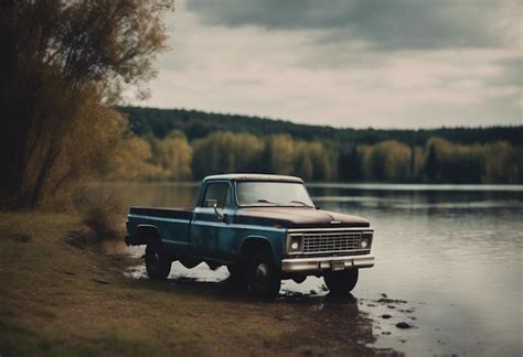 Premium Ai Image Pickup Truck Parked On The Edge Of The Lake