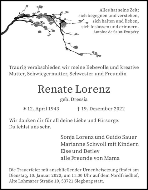 Traueranzeigen Von Renate Lorenz Wirtrauern