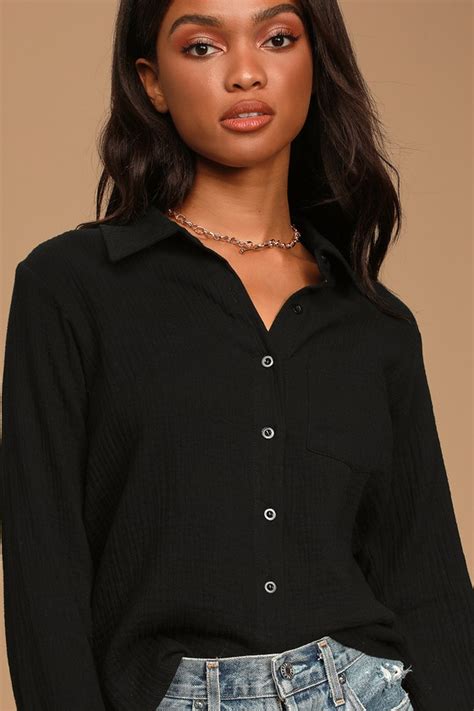 Cute Black Top Button Up Top Long Sleeve Button Up Top Lulus