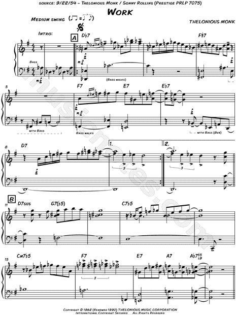 Thelonious Monk Work Sheet Music Leadsheet In G Major Download