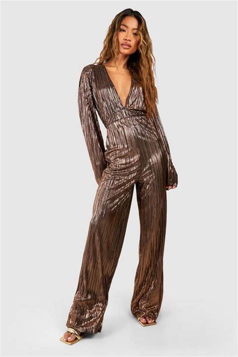 Glitter Plisse Flare Sleeve Wide Leg Jumpsuit Boohoo Uk