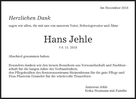 Traueranzeigen von Hans Jehle Kreiszeitung Böblinger Bote