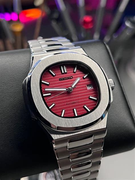 MOD Seiko Red Nautilus With NH35 Movement Men S Fashion Watches