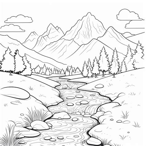 Un dibujo en blanco y negro de un arroyo de montaña con árboles