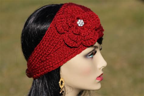 Hand Knitted Headband Earwarmer Crocheted Flower With Very