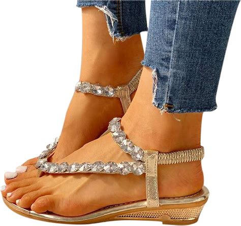 Damen Sandalen Sommer Flach Glitzer Sandaletten Elegant Bequeme