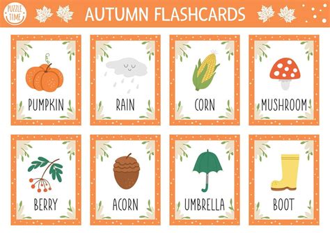 Vector Autumn Flash Cards Set English Language Game With Cute Pumpkin