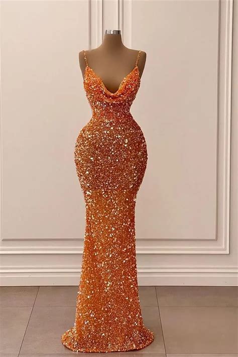 Daisda Orange V Neck Spaghetti Straps Mermaid Long Prom Dress With Sequins