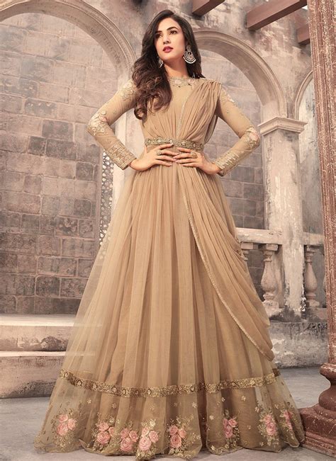 Beige Embroidered Net Anarkali Suit Indian Dresses Indian Gowns