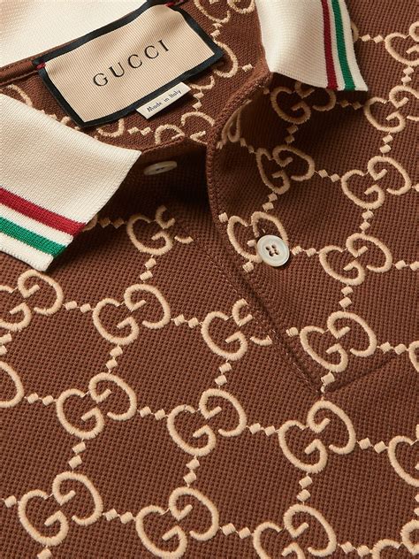 Gucci Logo Embroidered Stretch Cotton Piqué Polo Shirt Brown Gucci