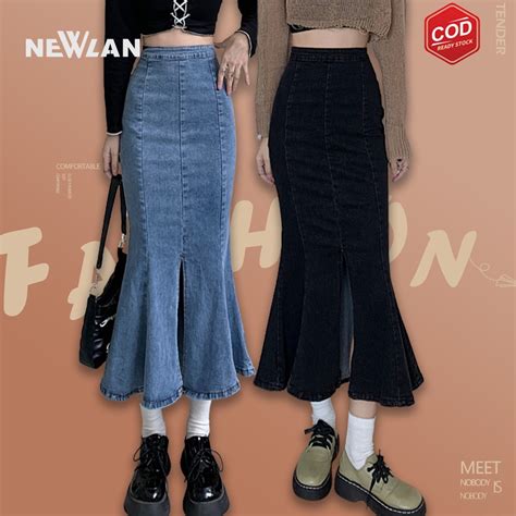 Jual Newlan QZ049 Rok Denim Slit Stretch Span Panjang Hyuna Denim