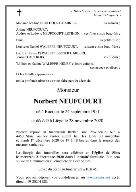 Décès De Monsieur Norbert Neufcourt 28 11 20 Annonce Nécrologique