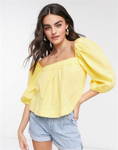 Mango Poplin Square Neck Blouse With Puff Sleeves In Yellow