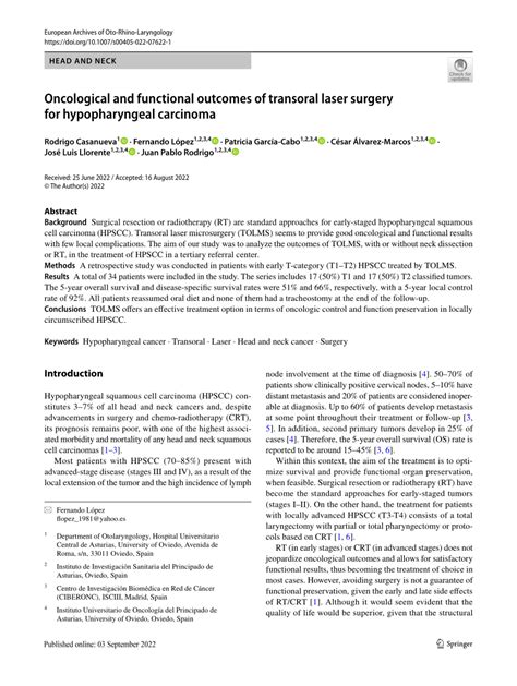 Pdf Oncological And Functional Outcomes Of Transoral Laser Surgery For Hypopharyngeal Carcinoma