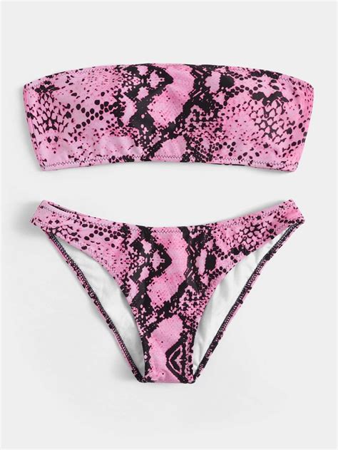 Pink Snakeskin Swimsuit Bandeau Top With Low Rise Bikini Bottom Low