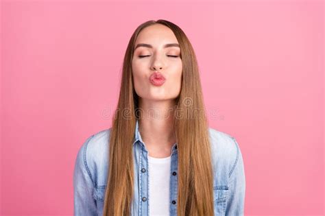 Photo Portrait Of Lovely Young Lady Closed Eyes Send Air Kiss You Wear