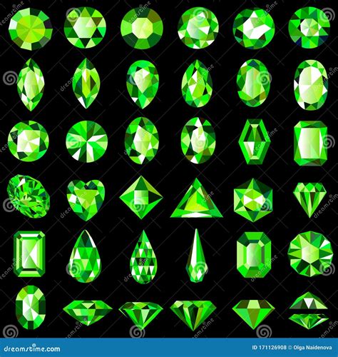 Set Of Green Emerald Gemstones Of Different Cuts And Shapes Stock