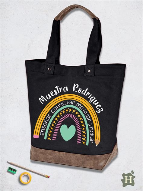 Personalized Teacher Tote Bag Boho Rainbow School Teacher Bag Custom