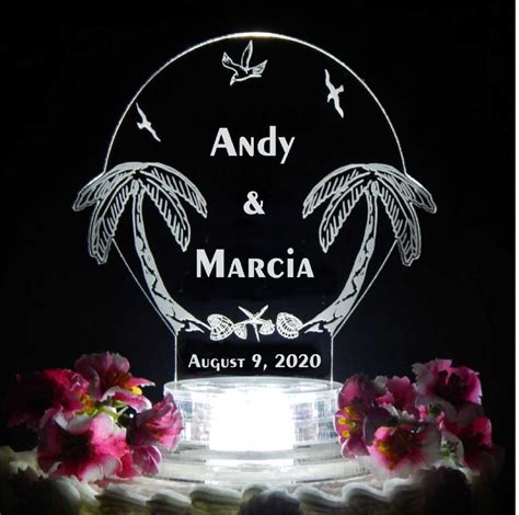 Personalized Palm Tree Beach Lighted Acrylic Led Wedding Cake Topper Finesselaserdesigns