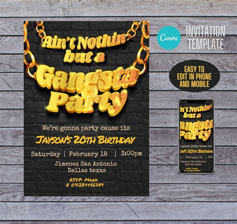 Gangsta Party Hiphop Theme Invitation Canva Template Etsy