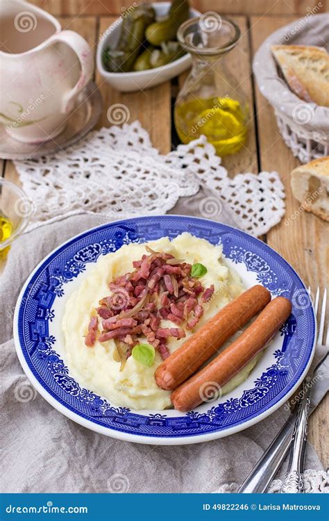 Mashed Potatoes with Apples Served with Sausages and Bacon Stock Photo - Image of potatoes, milk ...