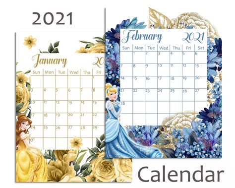 Princess 2021 Calendar Instant Download Digital Calendar Etsy