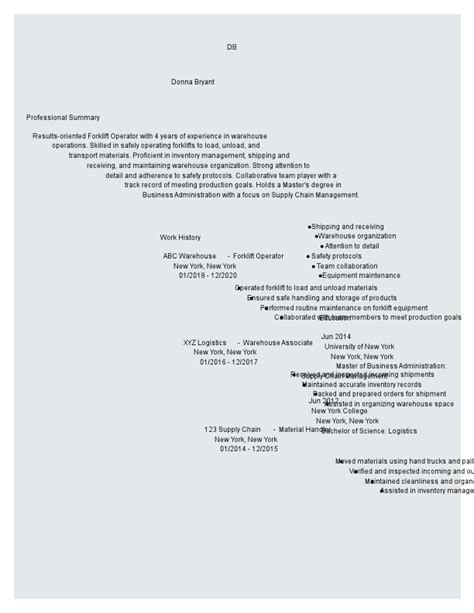 Forklift Operator Resume Examples For