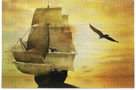 Coolnut Sailboat Pirate Ship Floating On Gold Sunset Ocean With Seagull