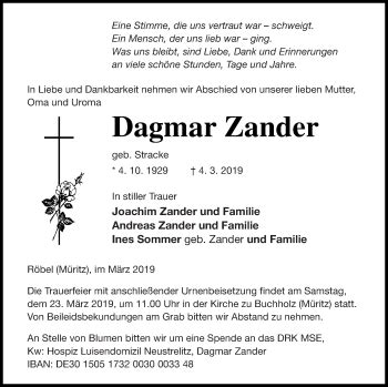 Traueranzeigen Von Dagmar Zander Trauer Nordkurier