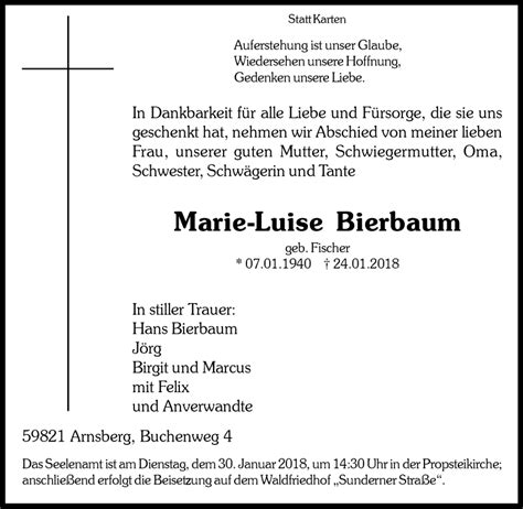 Traueranzeigen Von Marie Luise Bierbaum Trauer In Nrw De