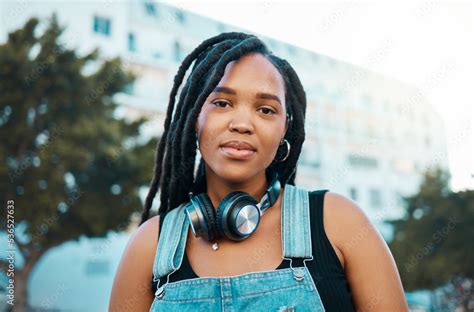 City Urban And Headphones Black Woman Portrait In Urban Gen Z Fashion Outdoor Travel Or Youth