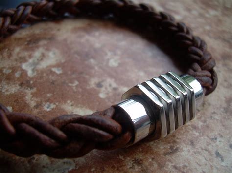 Mens Thick Braided Leather Bracelet With A Large Stainless