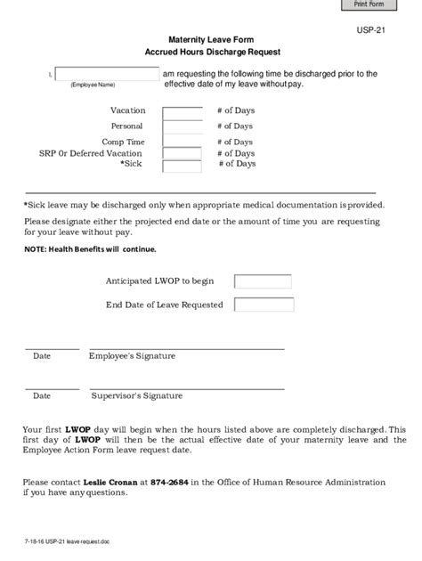 Hrfilesusp 21 Maternity Leave Form Accrued Hours Discharge Request