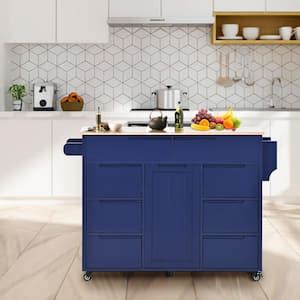 Runesay Dark Blue Rubberwood Countertop In W Kitchen Island Cart