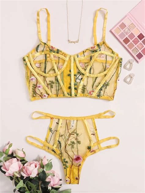 Floral Embroidery Mesh Underwire Lingerie Set SHEIN USA Yellow