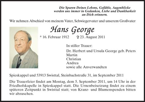 Traueranzeigen Von Hans George Trauer HNA De