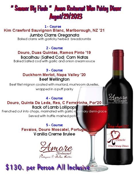 Wine Pairing Dinner Amore Restaurant Sarasota August 29 2023