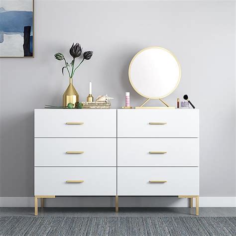 47 Nordic White Bedroom Dresser 6 Drawer Accent Cabinet In Gold