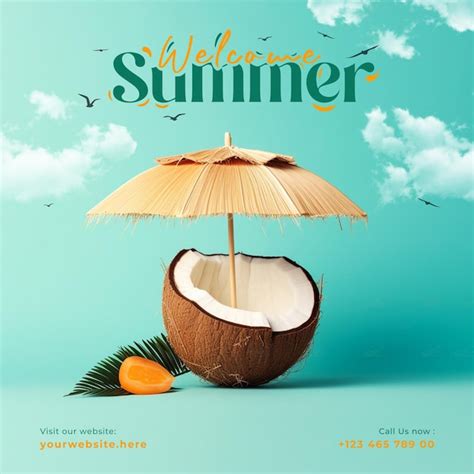 Welcome summer coconut fruit and sun umbrella social media banner ...